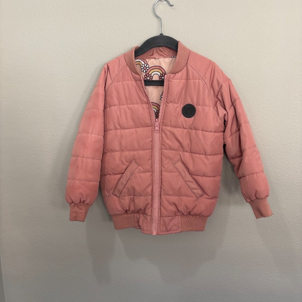 Huxbaby reversible pink/light pink with rainbows and flowers puffer coat